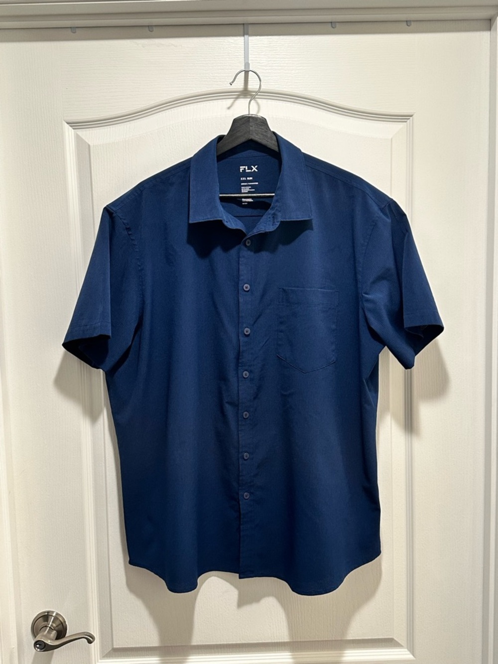 Men’s FLX Blue Collared Buttoned Short Sleeve Shirt, Size XXL Slim